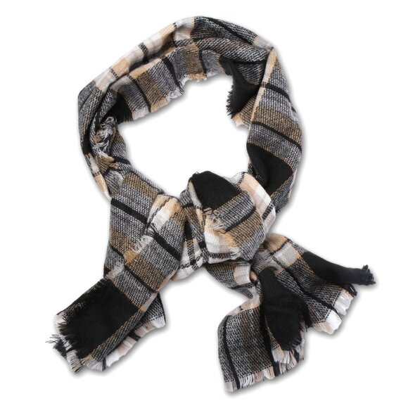 Plaid Soft Long Scarf Wrap WideBlack Brown White Yellow - Picture 3 of 6